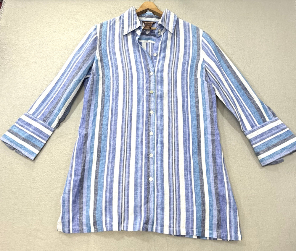 Multiples Women's Size M Linen Blue Striped Button-Up Tunic Shirt Long Sleeves
